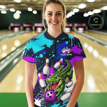Load image into Gallery viewer, Person wearing a colorful bowling shirt with a dragon design in a bowling alley.