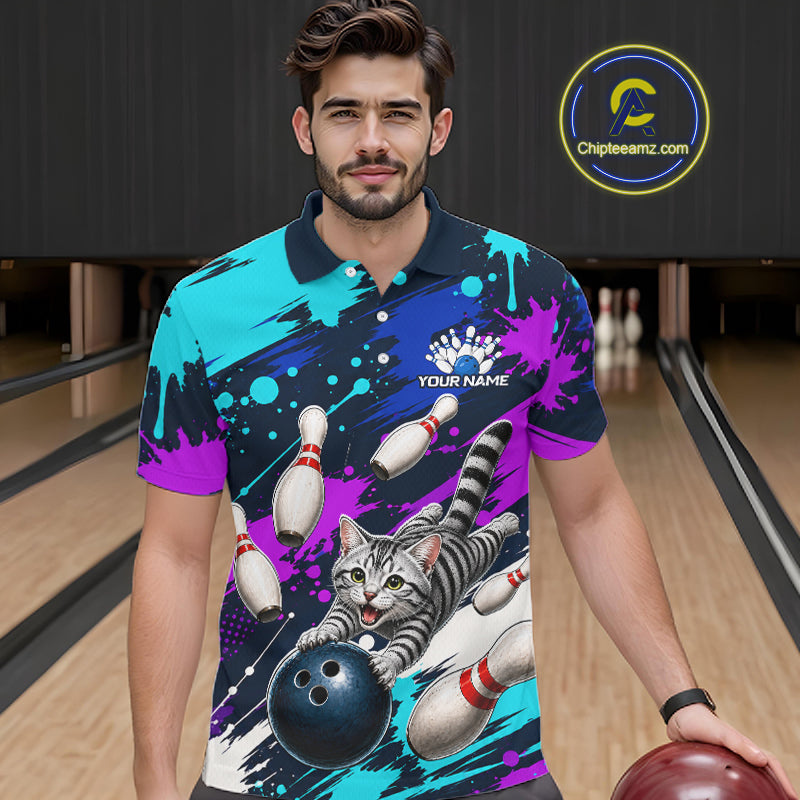 Custom Angry Gray Tabby Cat Bowling Jersey For Men, Bowling Uniform Bowling Team Shirts NHT1456