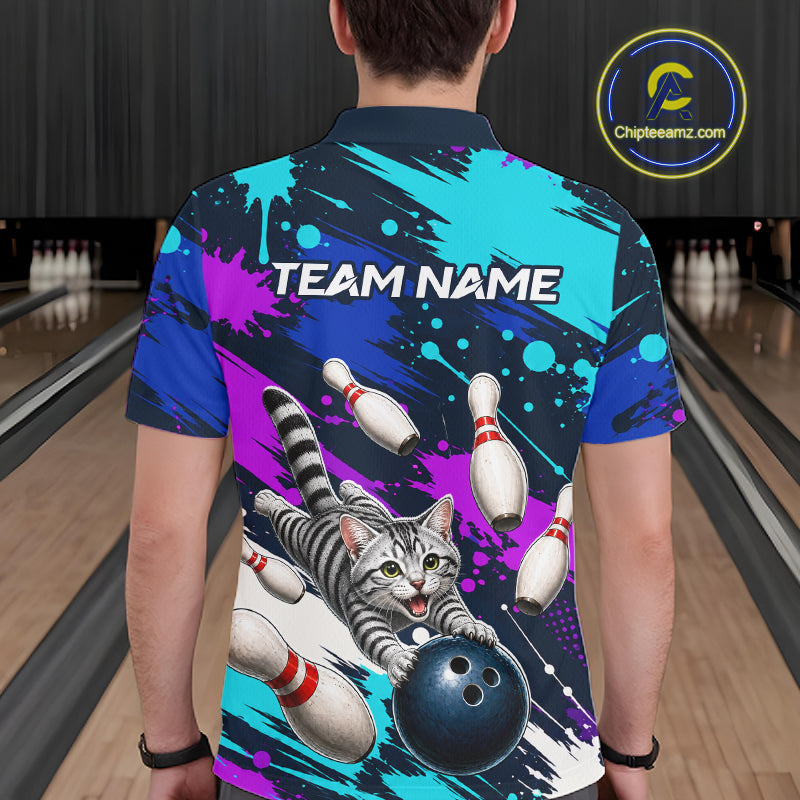 Custom Angry Gray Tabby Cat Bowling Jersey For Men, Bowling Uniform Bowling Team Shirts NHT1456