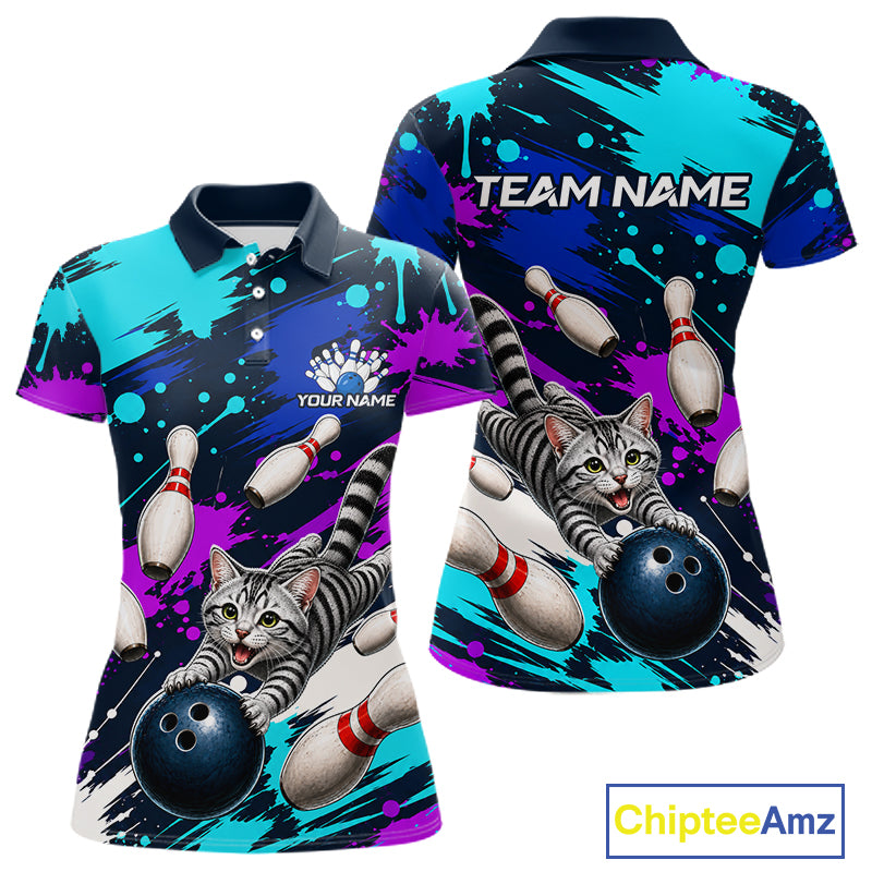 Custom Angry Gray Tabby Cat Bowling Jersey For Women, Bowling Uniform Bowling Team Shirts NHT1456