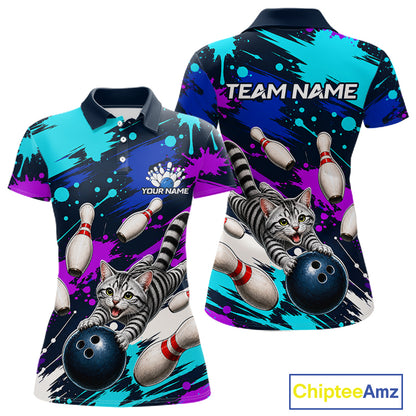 Custom Angry Gray Tabby Cat Bowling Jersey For Women, Bowling Uniform Bowling Team Shirts NHT1456
