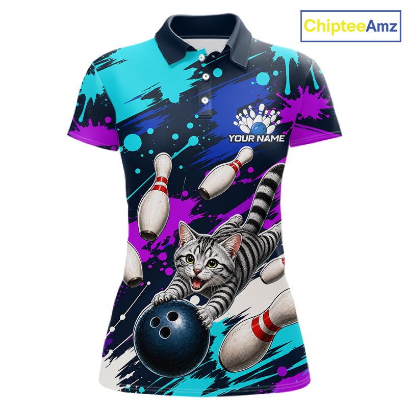 Custom Angry Gray Tabby Cat Bowling Jersey For Women, Bowling Uniform Bowling Team Shirts NHT1456