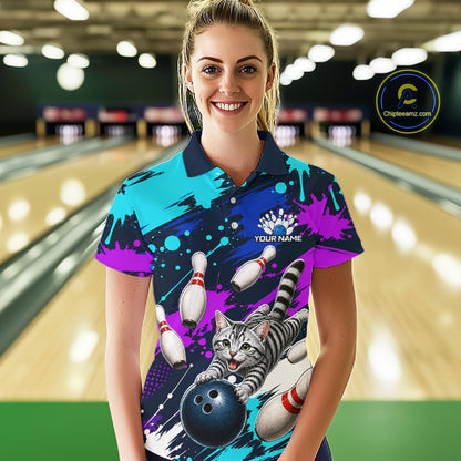 Custom Angry Gray Tabby Cat Bowling Jersey For Women, Bowling Uniform Bowling Team Shirts NHT1456