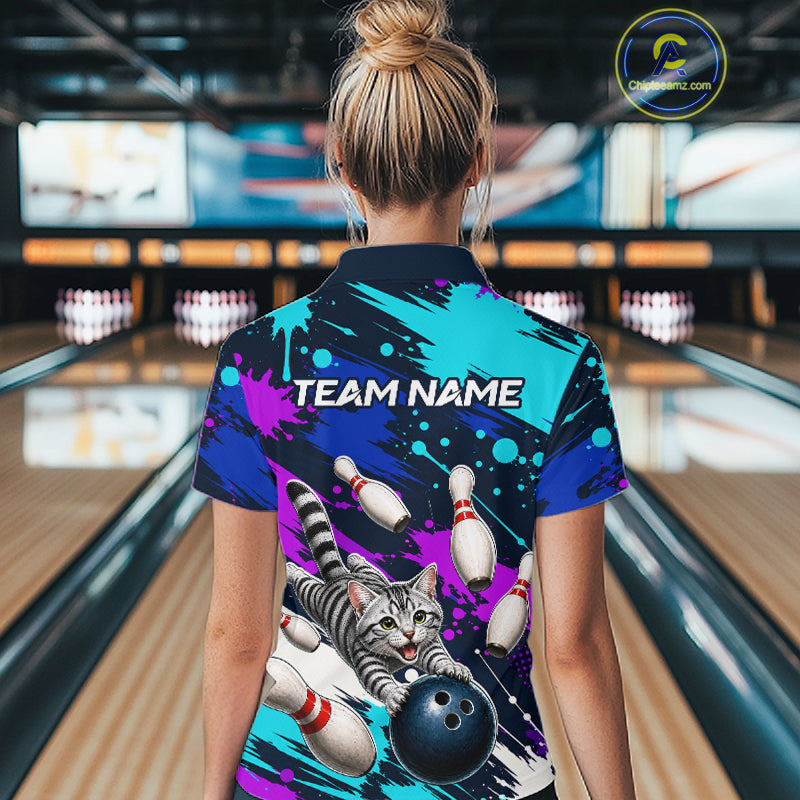 Custom Angry Gray Tabby Cat Bowling Jersey For Women, Bowling Uniform Bowling Team Shirts NHT1456