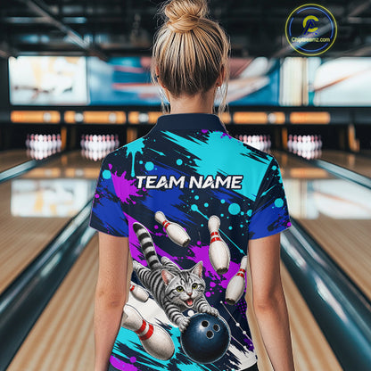 Custom Angry Gray Tabby Cat Bowling Jersey For Women, Bowling Uniform Bowling Team Shirts NHT1456