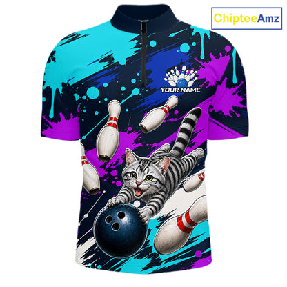 Custom Angry Gray Tabby Cat Bowling Jersey For Men, Bowling Uniform Bowling Team Shirts NHT1456