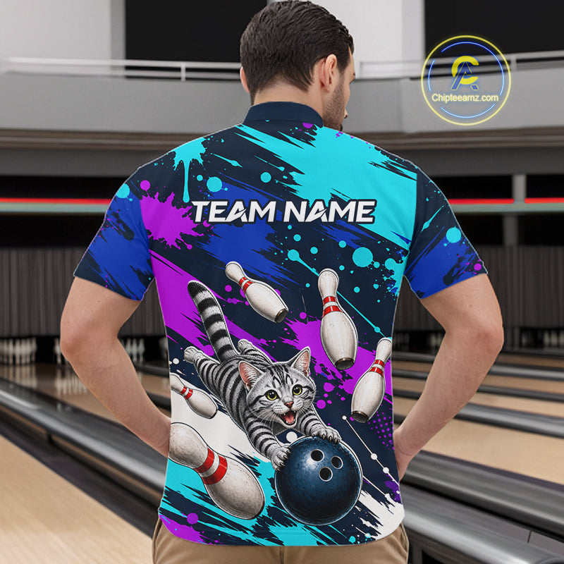 Custom Angry Gray Tabby Cat Bowling Jersey For Men, Bowling Uniform Bowling Team Shirts NHT1456