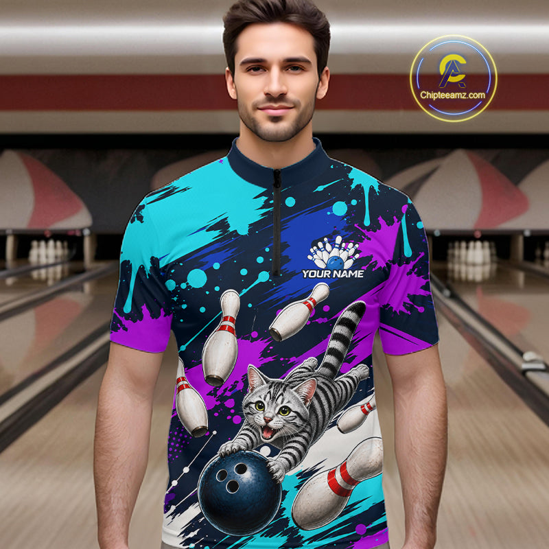 Custom Angry Gray Tabby Cat Bowling Jersey For Men, Bowling Uniform Bowling Team Shirts NHT1456