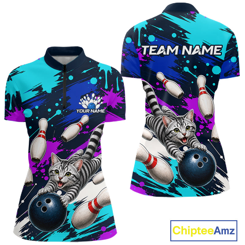 Custom Angry Gray Tabby Cat Bowling Jersey For Women, Bowling Uniform Bowling Team Shirts NHT1456