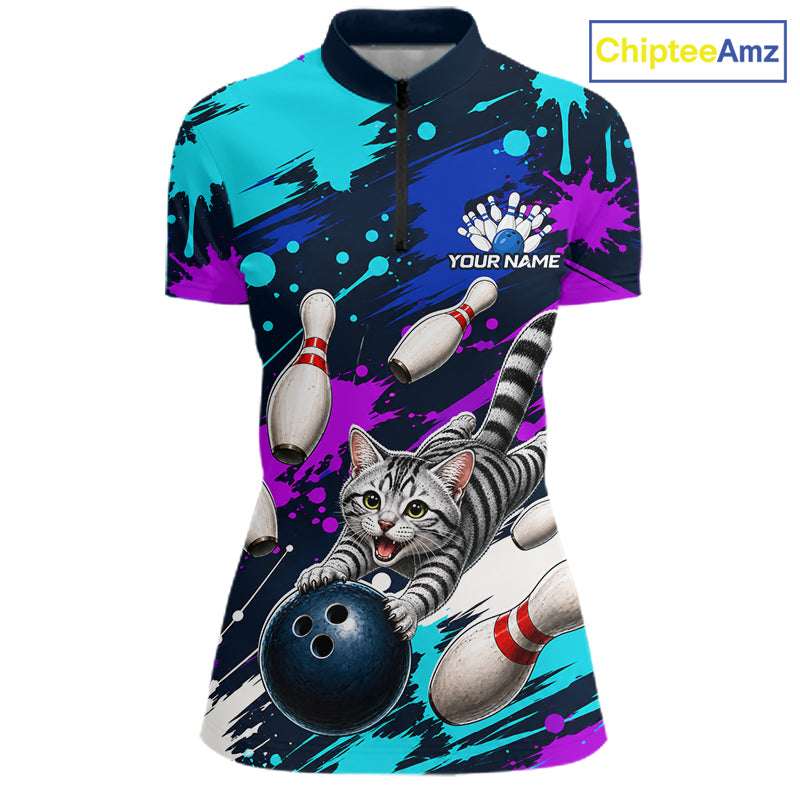Custom Angry Gray Tabby Cat Bowling Jersey For Women, Bowling Uniform Bowling Team Shirts NHT1456