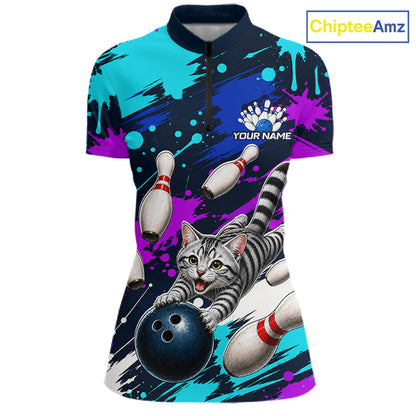 Custom Angry Gray Tabby Cat Bowling Jersey For Women, Bowling Uniform Bowling Team Shirts NHT1456