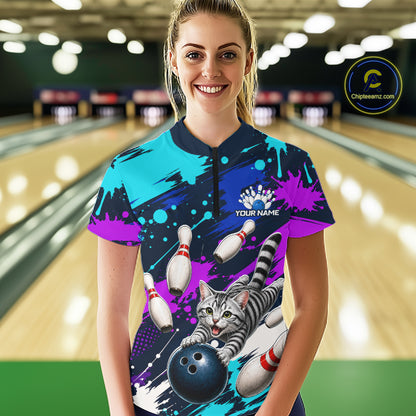 Custom Angry Gray Tabby Cat Bowling Jersey For Women, Bowling Uniform Bowling Team Shirts NHT1456