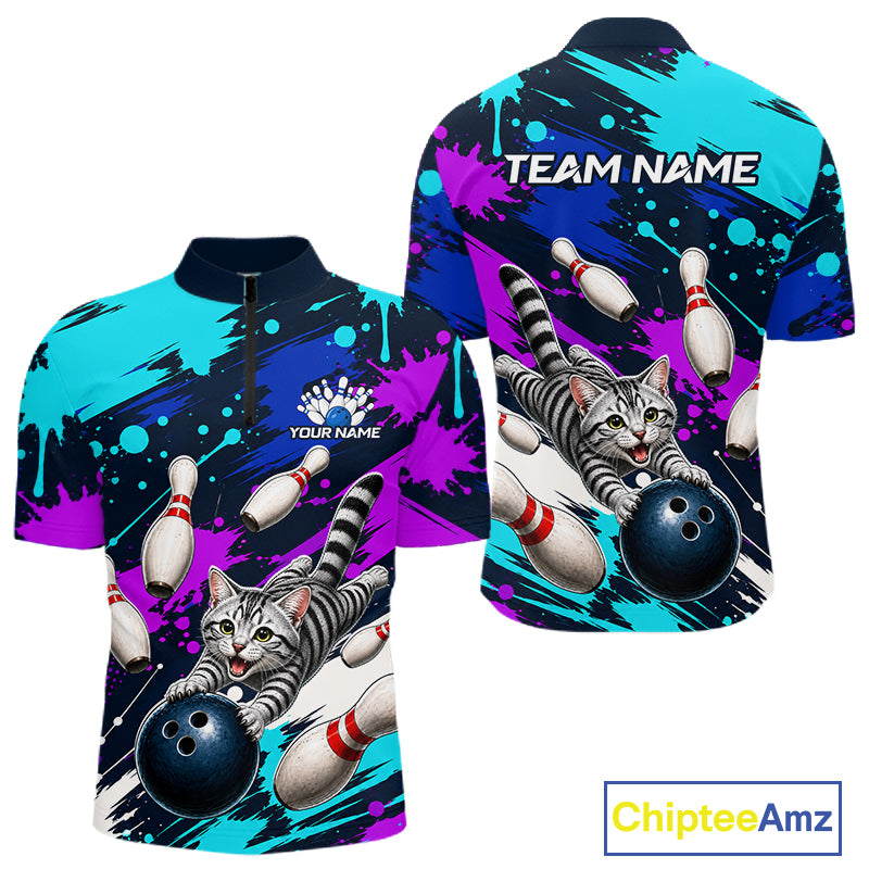 Custom Angry Gray Tabby Cat Bowling Jersey For Men, Bowling Uniform Bowling Team Shirts NHT1456