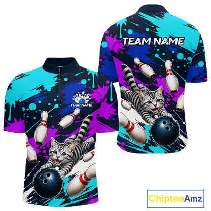 Custom Angry Gray Tabby Cat Bowling Jersey For Men, Bowling Uniform Bowling Team Shirts NHT1456