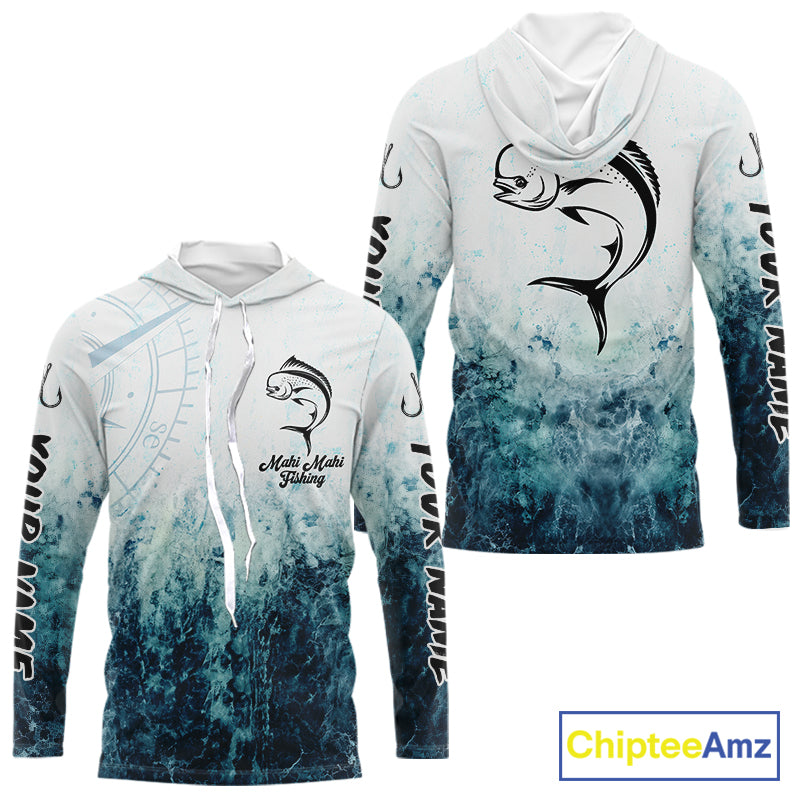 Personalized Mahi Mahi Fishing Shirt Long Sleeve Hooded Deep Sea Fishing Shirt, Ocean Wave Fishing Apparel NHT1462