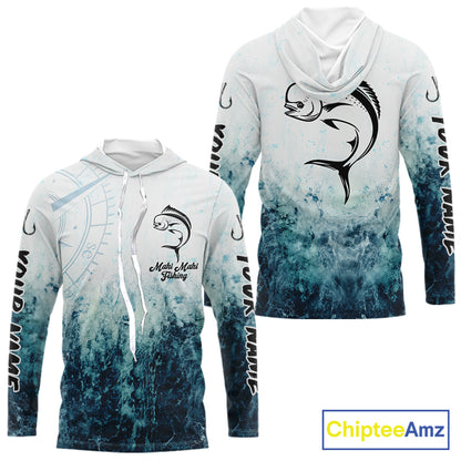 Personalized Mahi Mahi Fishing Shirt Long Sleeve Hooded Deep Sea Fishing Shirt, Ocean Wave Fishing Apparel NHT1462