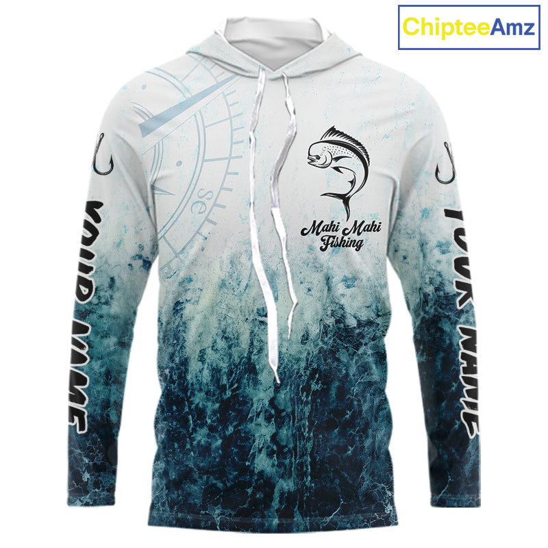 Personalized Mahi Mahi Fishing Shirt Long Sleeve Hooded Deep Sea Fishing Shirt, Ocean Wave Fishing Apparel NHT1462