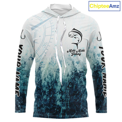 Personalized Mahi Mahi Fishing Shirt Long Sleeve Hooded Deep Sea Fishing Shirt, Ocean Wave Fishing Apparel NHT1462