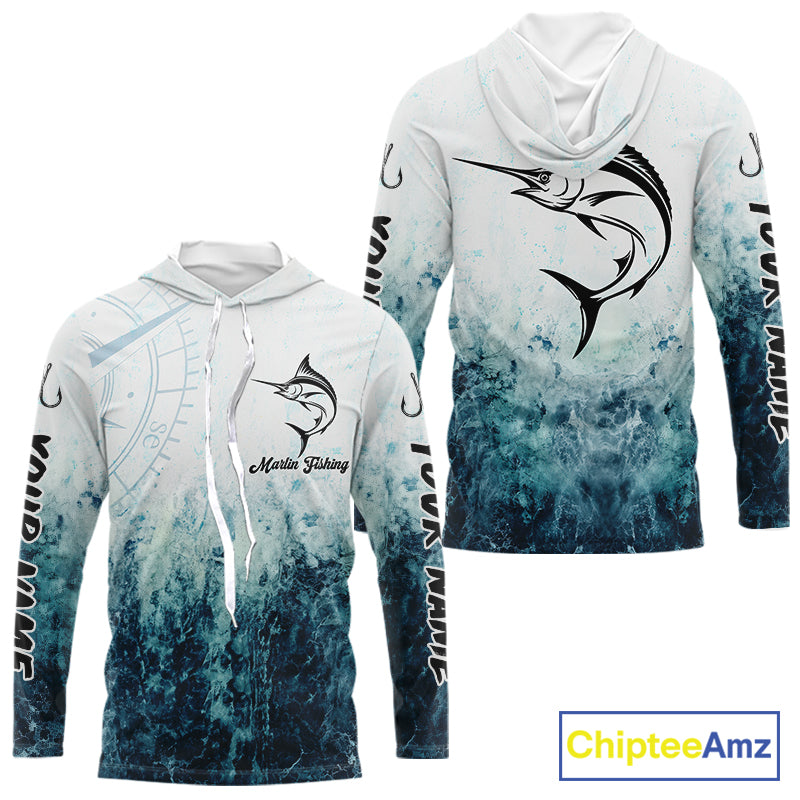 Personalized Marlin Fishing Shirt Long Sleeve Hooded Deep Sea Fishing Shirt, Ocean Wave Fishing Apparel NHT1463