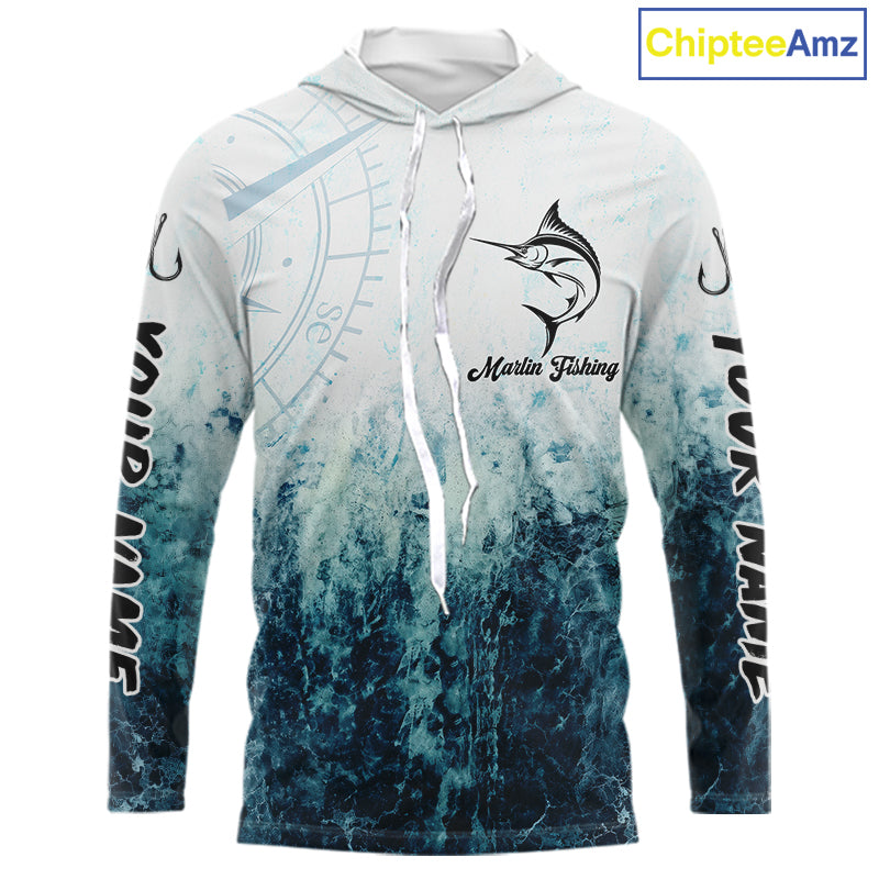 Personalized Marlin Fishing Shirt Long Sleeve Hooded Deep Sea Fishing Shirt, Ocean Wave Fishing Apparel NHT1463