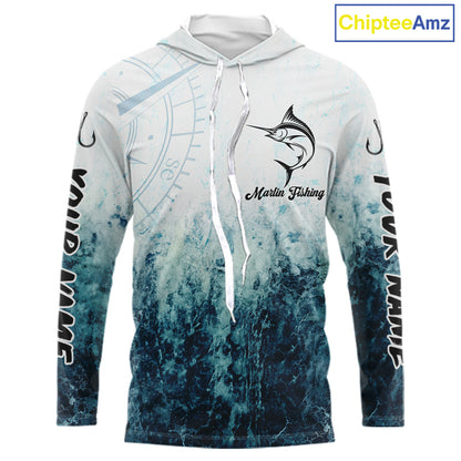 Personalized Marlin Fishing Shirt Long Sleeve Hooded Deep Sea Fishing Shirt, Ocean Wave Fishing Apparel NHT1463