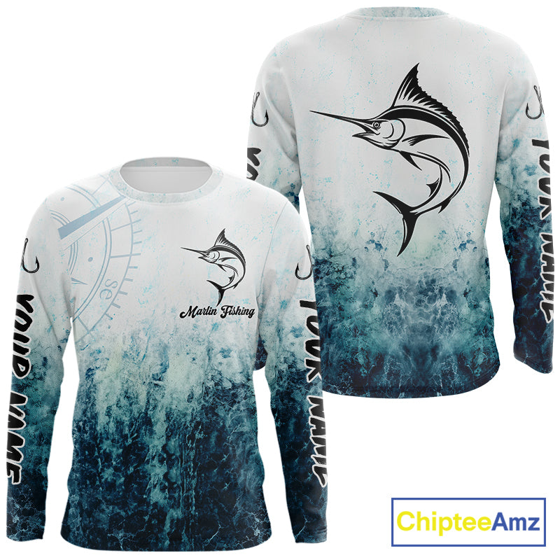 Personalized Marlin Fishing Shirt Long Sleeve Deep Sea Fishing Shirt, Ocean Wave Fishing Apparel NHT1463