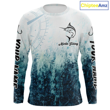 Personalized Marlin Fishing Shirt Long Sleeve Deep Sea Fishing Shirt, Ocean Wave Fishing Apparel NHT1463