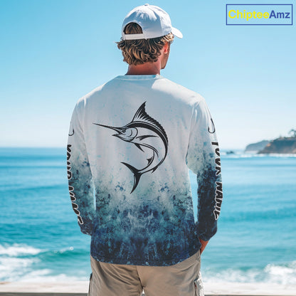 Personalized Marlin Fishing Shirt Long Sleeve Deep Sea Fishing Shirt, Ocean Wave Fishing Apparel NHT1463
