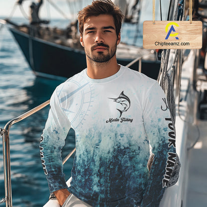 Personalized Marlin Fishing Shirt Long Sleeve Deep Sea Fishing Shirt, Ocean Wave Fishing Apparel NHT1463