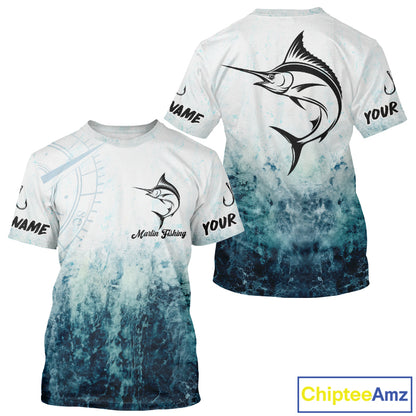Personalized Marlin Fishing Shirt Short Sleeve Deep Sea Fishing Shirt, Ocean Wave Fishing Apparel NHT1463