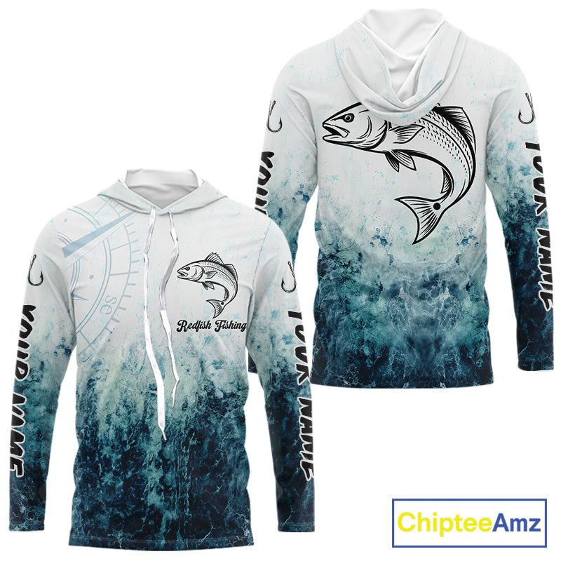 Personalized Redfish Fishing Shirt Long Sleeve Hooded Deep Sea Fishing Shirt, Ocean Wave Fishing Apparel NHT1464