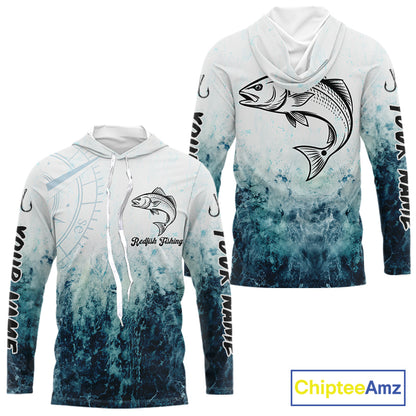 Personalized Redfish Fishing Shirt Long Sleeve Hooded Deep Sea Fishing Shirt, Ocean Wave Fishing Apparel NHT1464