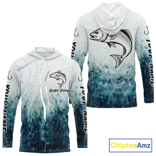 Personalized Redfish Fishing Shirt Long Sleeve Hooded Deep Sea Fishing Shirt, Ocean Wave Fishing Apparel NHT1464