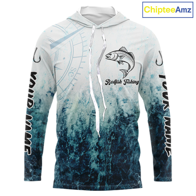 Personalized Redfish Fishing Shirt Long Sleeve Hooded Deep Sea Fishing Shirt, Ocean Wave Fishing Apparel NHT1464