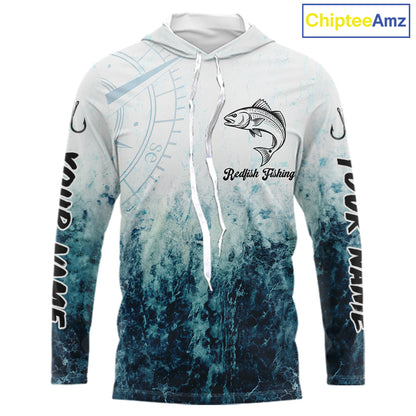 Personalized Redfish Fishing Shirt Long Sleeve Hooded Deep Sea Fishing Shirt, Ocean Wave Fishing Apparel NHT1464