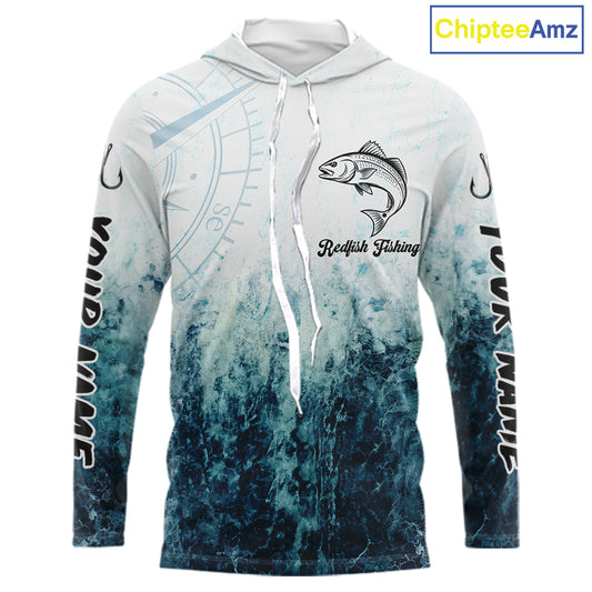 Personalized Redfish Fishing Shirt Long Sleeve Hooded Deep Sea Fishing Shirt, Ocean Wave Fishing Apparel NHT1464