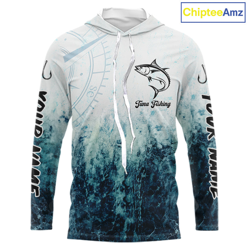 Personalized Tuna Fishing Shirt Long Sleeve Hooded Deep Sea Fishing Shirt, Ocean Wave Fishing Apparel NHT1465