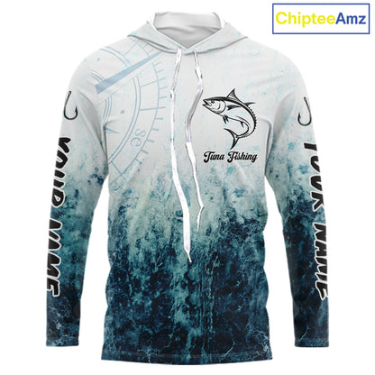Personalized Tuna Fishing Shirt Long Sleeve Hooded Deep Sea Fishing Shirt, Ocean Wave Fishing Apparel NHT1465