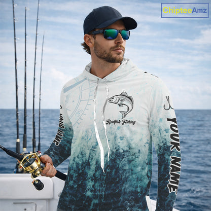 Personalized Redfish Fishing Shirt Long Sleeve Hooded Deep Sea Fishing Shirt, Ocean Wave Fishing Apparel NHT1464