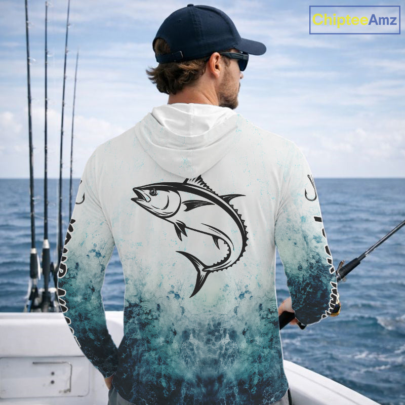 Personalized Tuna Fishing Shirt Long Sleeve Hooded Deep Sea Fishing Shirt, Ocean Wave Fishing Apparel NHT1465