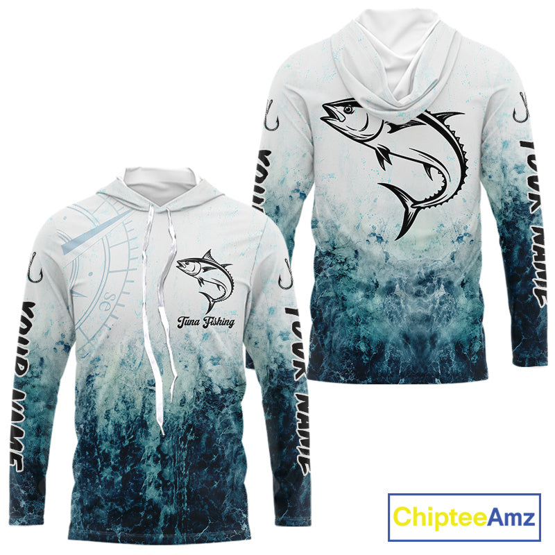 Personalized Tuna Fishing Shirt Long Sleeve Hooded Deep Sea Fishing Shirt, Ocean Wave Fishing Apparel NHT1465