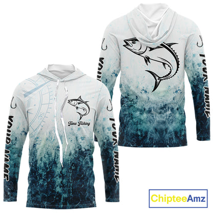 Personalized Tuna Fishing Shirt Long Sleeve Hooded Deep Sea Fishing Shirt, Ocean Wave Fishing Apparel NHT1465