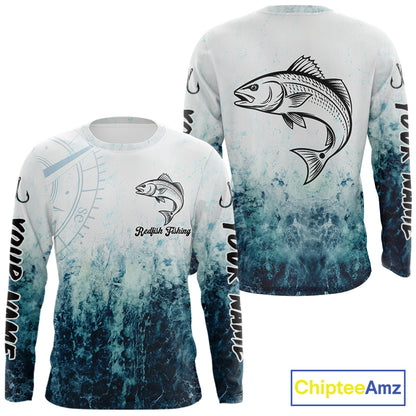 Personalized Redfish Fishing Shirt Long Sleeve Deep Sea Fishing Shirt, Ocean Wave Fishing Apparel NHT1464