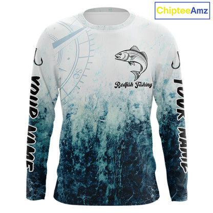 Personalized Redfish Fishing Shirt Long Sleeve Deep Sea Fishing Shirt, Ocean Wave Fishing Apparel NHT1464