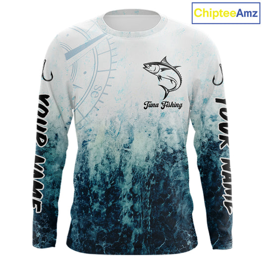Personalized Tuna Fishing Shirt Long Sleeve Deep Sea Fishing Shirt, Ocean Wave Fishing Apparel NHT1465