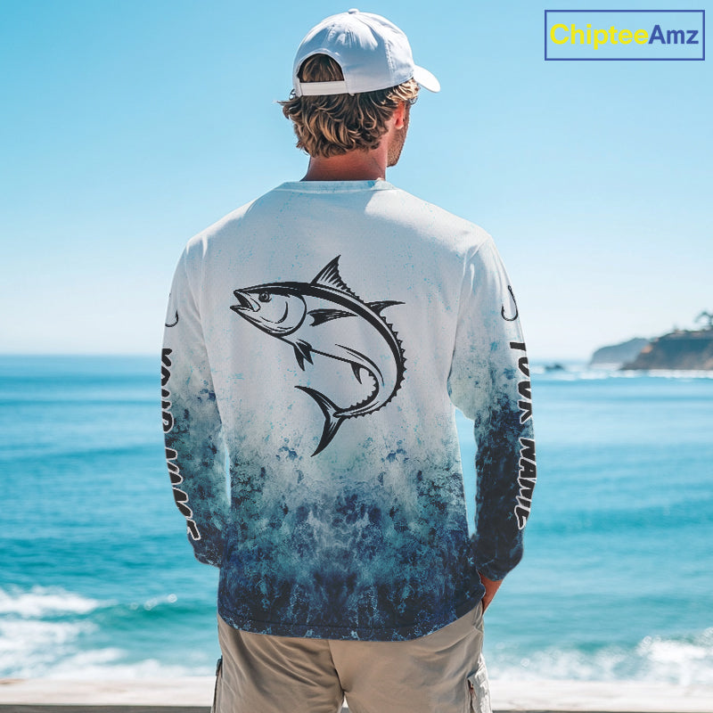 Personalized Tuna Fishing Shirt Long Sleeve Deep Sea Fishing Shirt, Ocean Wave Fishing Apparel NHT1465