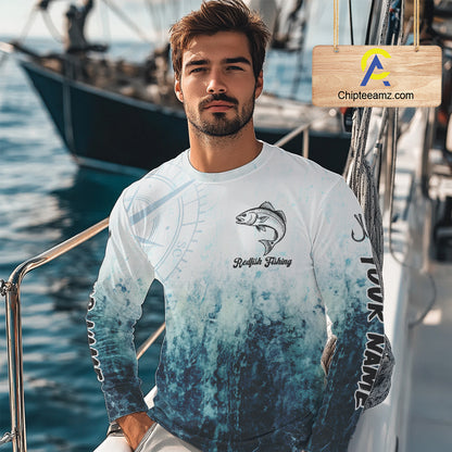 Personalized Redfish Fishing Shirt Long Sleeve Deep Sea Fishing Shirt, Ocean Wave Fishing Apparel NHT1464