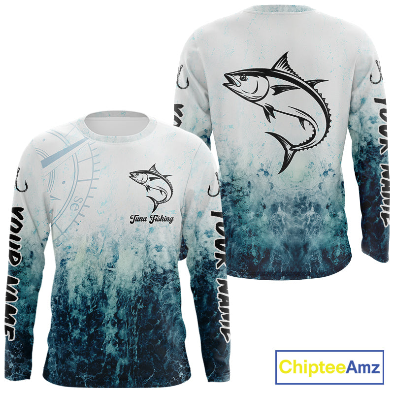 Personalized Tuna Fishing Shirt Long Sleeve Deep Sea Fishing Shirt, Ocean Wave Fishing Apparel NHT1465