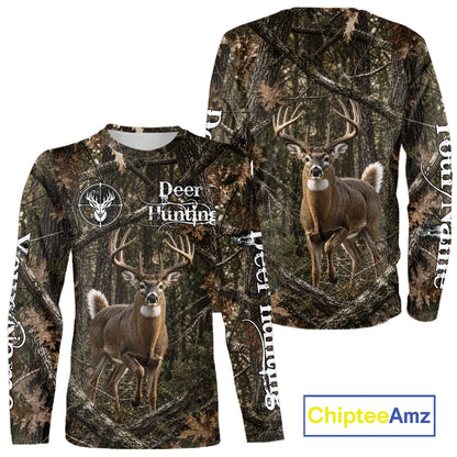 Personalized Whitetail Deer Hunting Shirt With Custom Name, Timber Camo Forest Hunter Jersey NHT1631