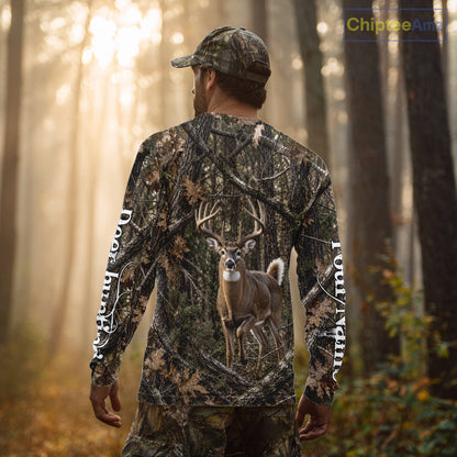 Personalized Whitetail Deer Hunting Shirt With Custom Name, Timber Camo Forest Hunter Jersey NHT1631